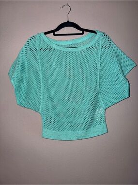 Pilcro Anthropologie Mint Aqua Open Knit Crochet Sweater XS Boho Beach Cover Up